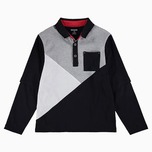 Junior - Polo manches longues effet 2 en 1 tricolore avec poche  