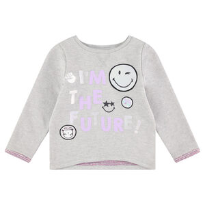 Sweat en molleton gris chiné avec message et prints Smiley 