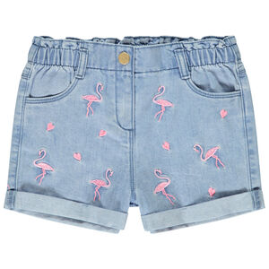 Short uni en denim avec flamants roses brodés fille 