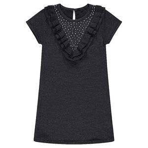 Robe manches courtes en tricot mélangé de fil brillant avec volants 