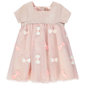 Robe manches courtes bi-matière avec maille irisée et noeuds brodés 