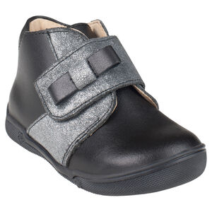 Bottillons en cuir noirs et argentés à scratch et noeud 