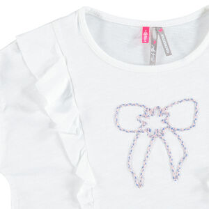 T-shirt manches longues en jersey avec volants et noeud brodé 