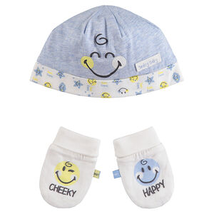 Ensemble bonnet et moufles en coton bio print Smiley 