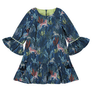 Robe manches 3/4 avec motif végétal et tigres all-over 