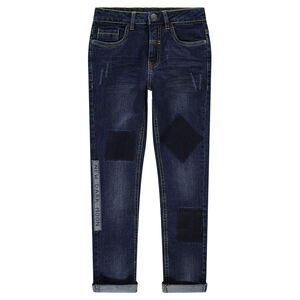 Junior - Jeans effet used avec patchs et insciption printée 
