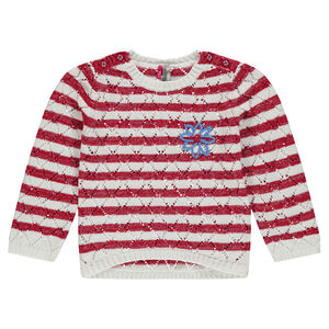 Pull marinière en point fantaisie ajouré avec fleur brodée 