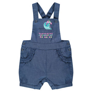Salopette courte en chambray avec broderies et animal printé 