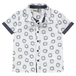 Chemise manches courtes en coton avec soleils printés et touches de chambray 