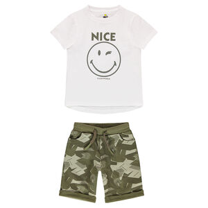 Ensemble avec tee-shirt print Smiley et bermuda en molleton army 