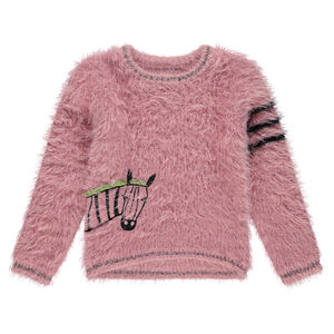 Pull en tricot poil avec zèbre brodé et bandes contrastées sur le bras 