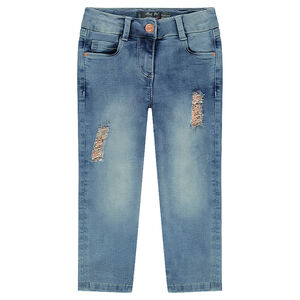 Corsaire en jeans effet used avec déchirures rehaussées de foil doré 