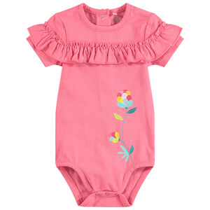 Body manches courtes en coton à large volant et fleur printée 