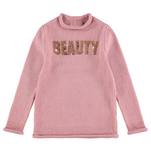 Pull en tricot avec message en sequins sur le devant 