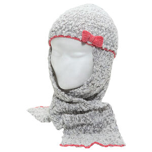 Bonnet écharpe en maille effet pop-corn avec noeud contrasté 