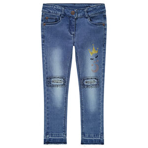 Jeans effet used et crinkle avec fantaisies sur les jambes 