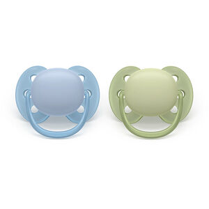 Lot de 2 sucettes en silicone 0-6 mois Ultra Doux bleu et vert 