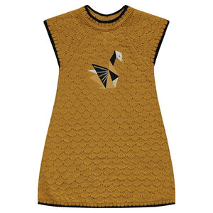 Robe manches courtes en tricot fantaisie avec cygne en origami brodé 