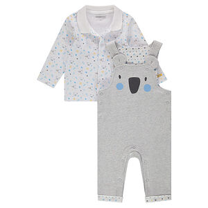 Ensemble avec polo manches longues imprimé koalas all-over et salopette pressionnée 