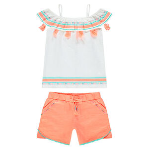 Ensemble avec top à pompons et short corail 