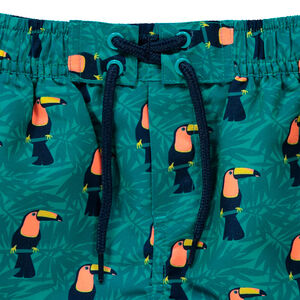 Short de bain avec toucans printés sur fond végétal 
