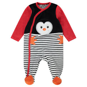 Dors-bien en velours avec pingouin et rayures placées 