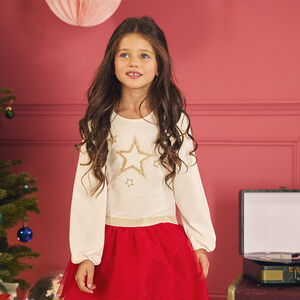 Robe de fête manches longues effet 2 en 1 bi-matière fille 