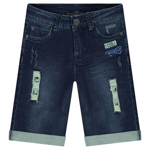 Bermuda en jeans effet used avec imprimé étoiles et badges 