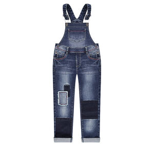 Salopette en jeans effet used avec patchs sur les jambes 
