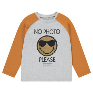 Tee-shirt manches longues en jersey bicolore avec Smiley en sequins magiques 