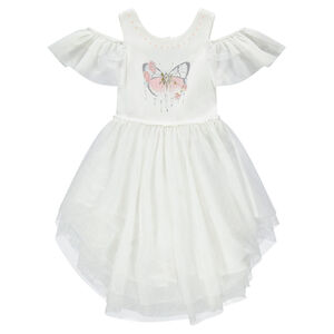 Robe de cérémonie bi-matière avec volants en tulle et papillon printé 