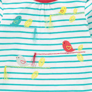 Tee-shirt manches longues rayé avec print oiseaux et pompons 