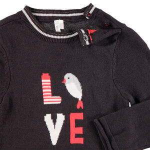 Pull en tricot avec oiseau en jacquard et volant rouge 
