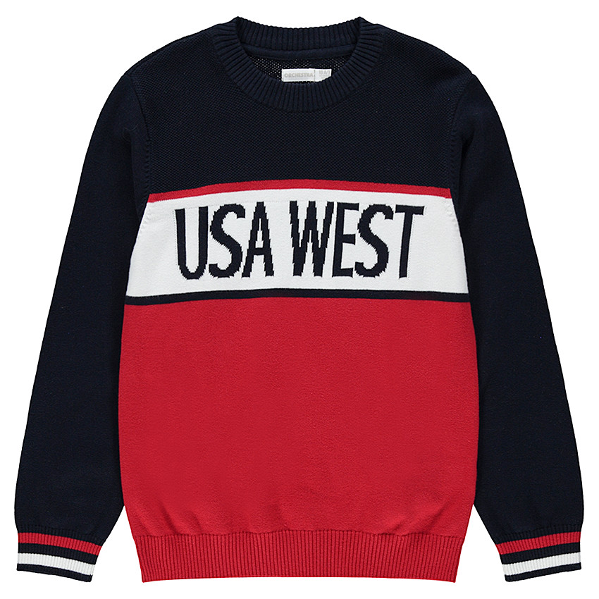 Junior - Pull en tricot avec bandes et inscription en jacquard 