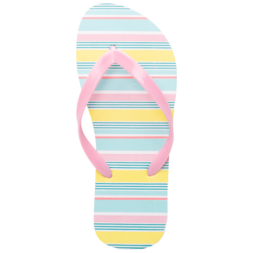 Tongs à rayures multicolores et bride rose 
