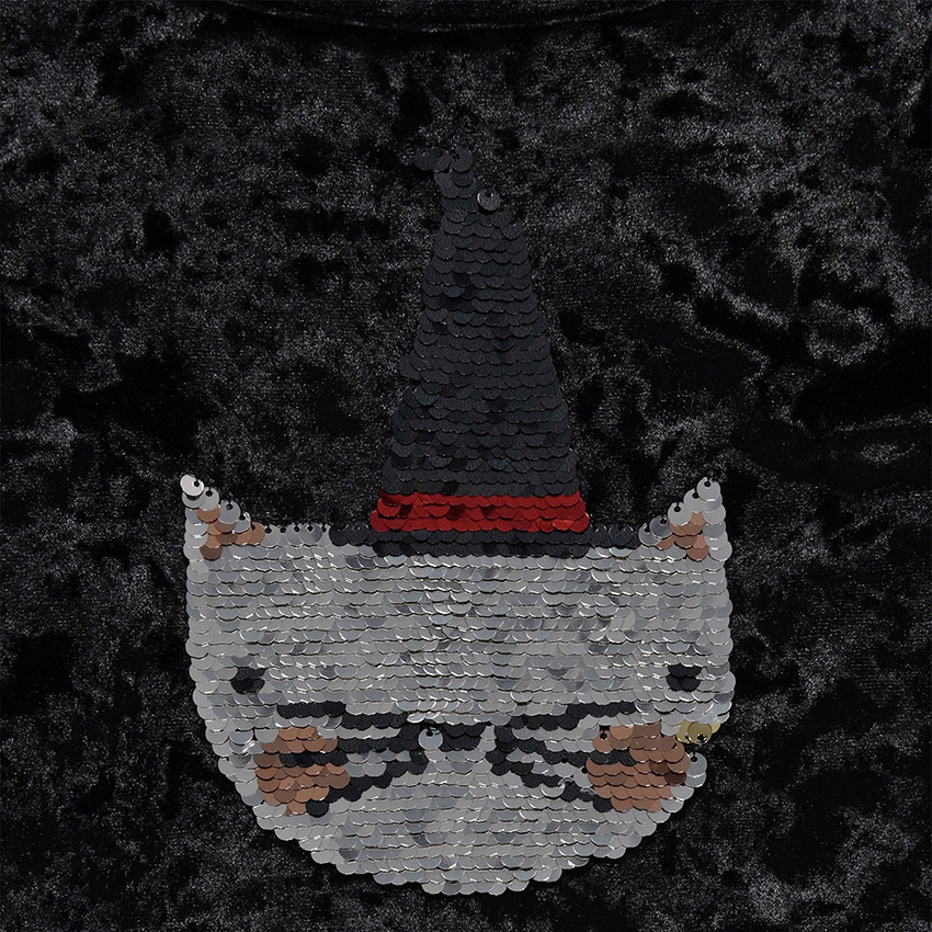 Robe bi-matière spéciale Halloween print chat en sequins magiques 