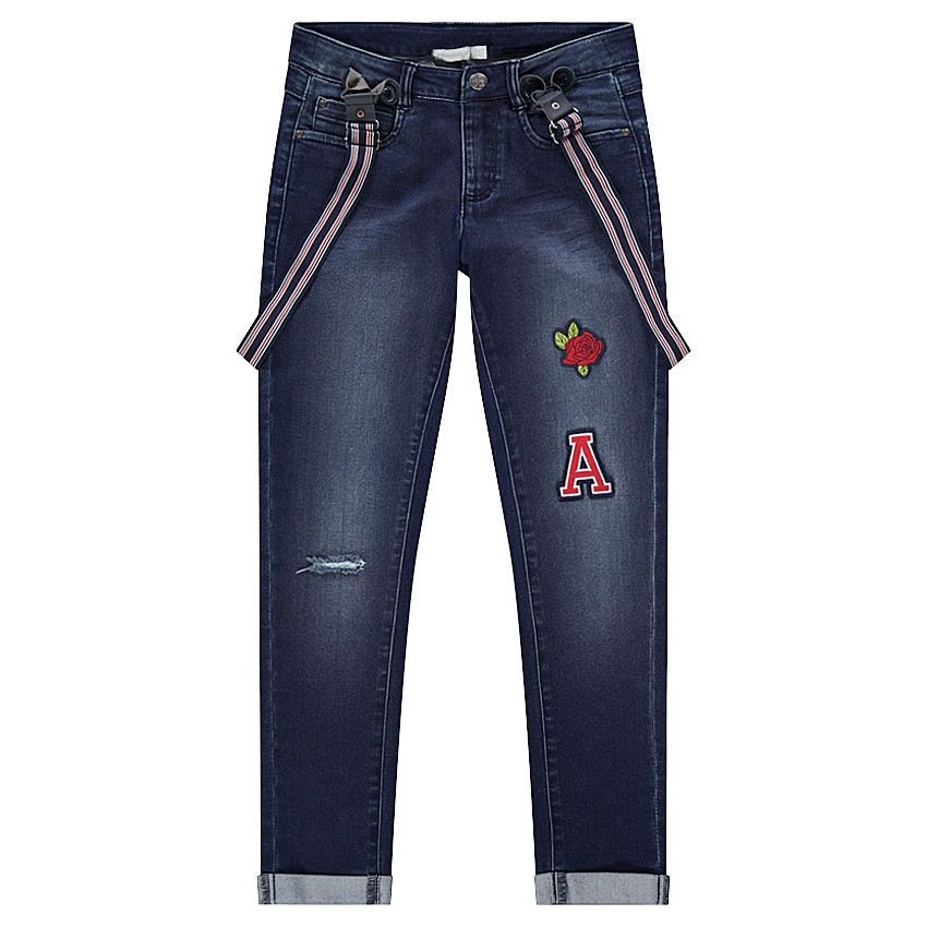 Junior - Jeans effet used avec bretelles rayées amovibles et badges 