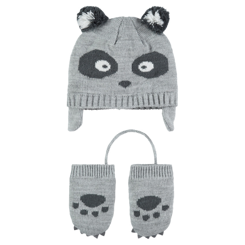 Ensemble Bonnet péruvien motif panda avec moufles en tricot 