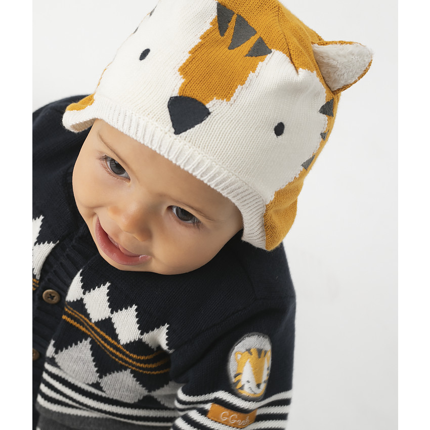 Ensemble bonnet en tricot doublé sherpa et moufles motif tigre 