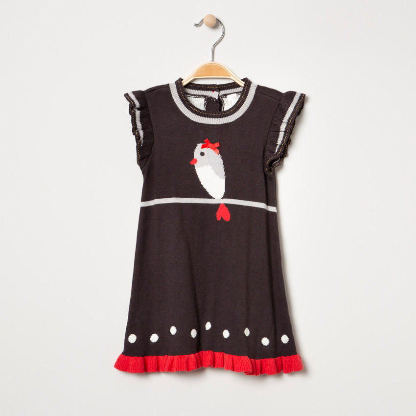 Robe en tricot avec oiseau et pois en jacquard 