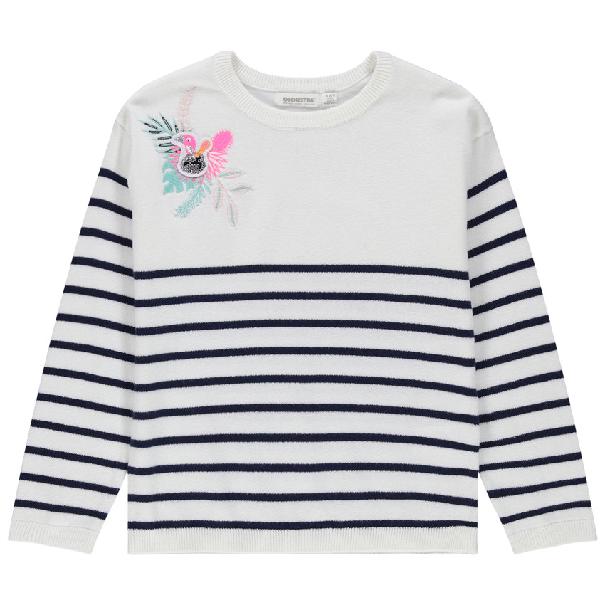 Pull en tricot rayé avec broderie colorée et badge à sequins 