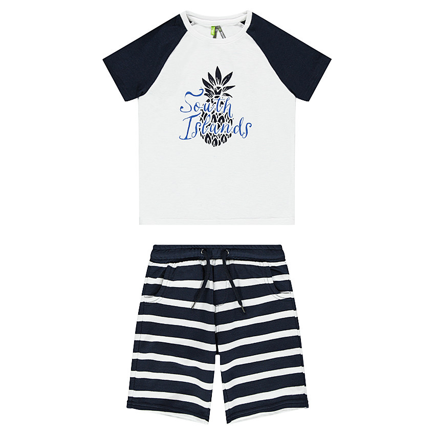 Ensemble avec tee-shirt printé et bermuda rayé 