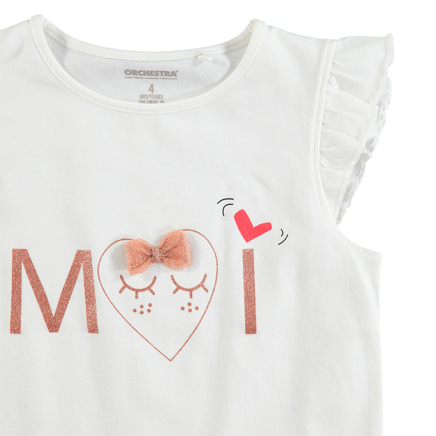 Tee-shirt manches courtes volantées et inscription à paillettes 