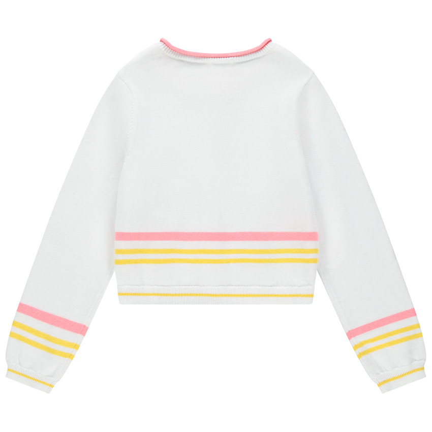 Gilet en tricotà rayures colorées et fleurs brodées 