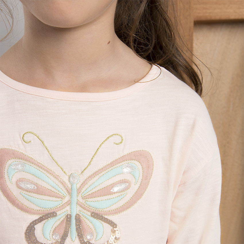 Tee-shirt manches longues en jersey slub avec paillon en résille 