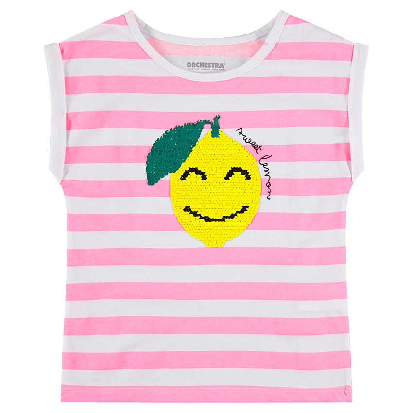 Tee-shirt manches courtes en jersey à rayures et citron en sequins magiques 