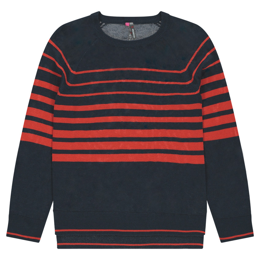 Pull en tricot fin avec rayures contrastées rouges 