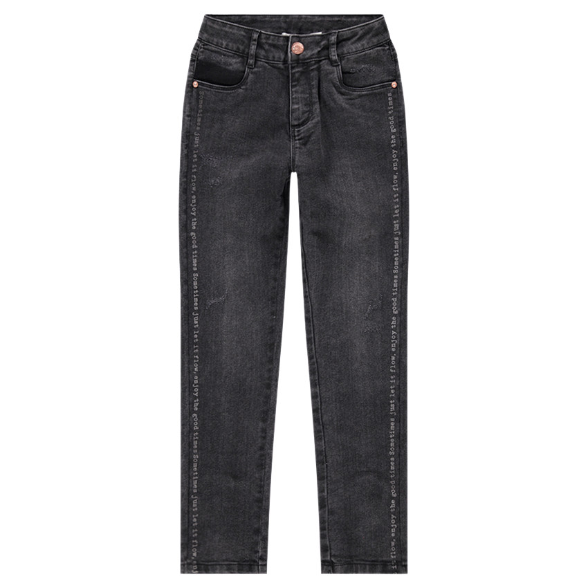 Junior - Jeans effet used avec inscriptions printées et zips 