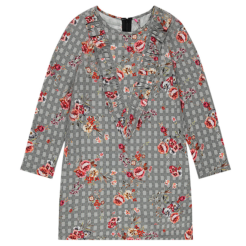 Junior - Robe manches longues à carreaux et fleurs all-over 