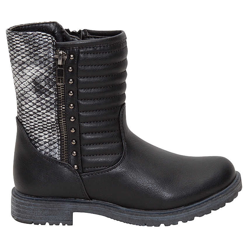 Bottines noires effet matelassé avec rivets et empiècement serpent 
